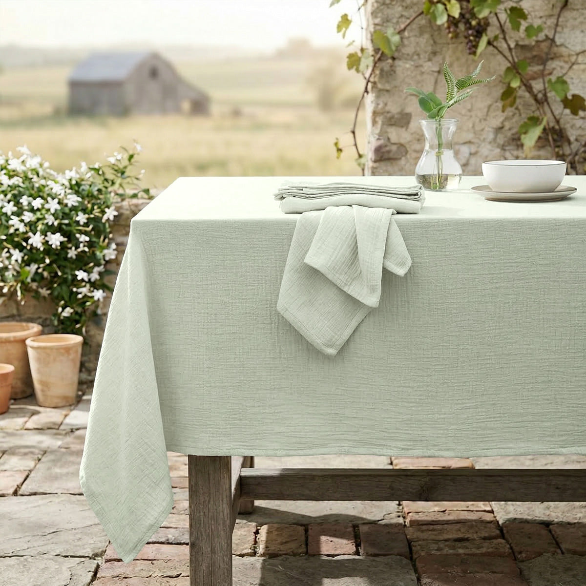 Alma - Nappe + 10 Serviettes - Vert Amande