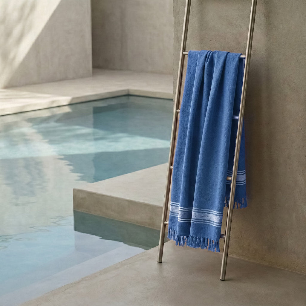 Faro - Fouta Eponge Xxl - Bleu Denim/Grège