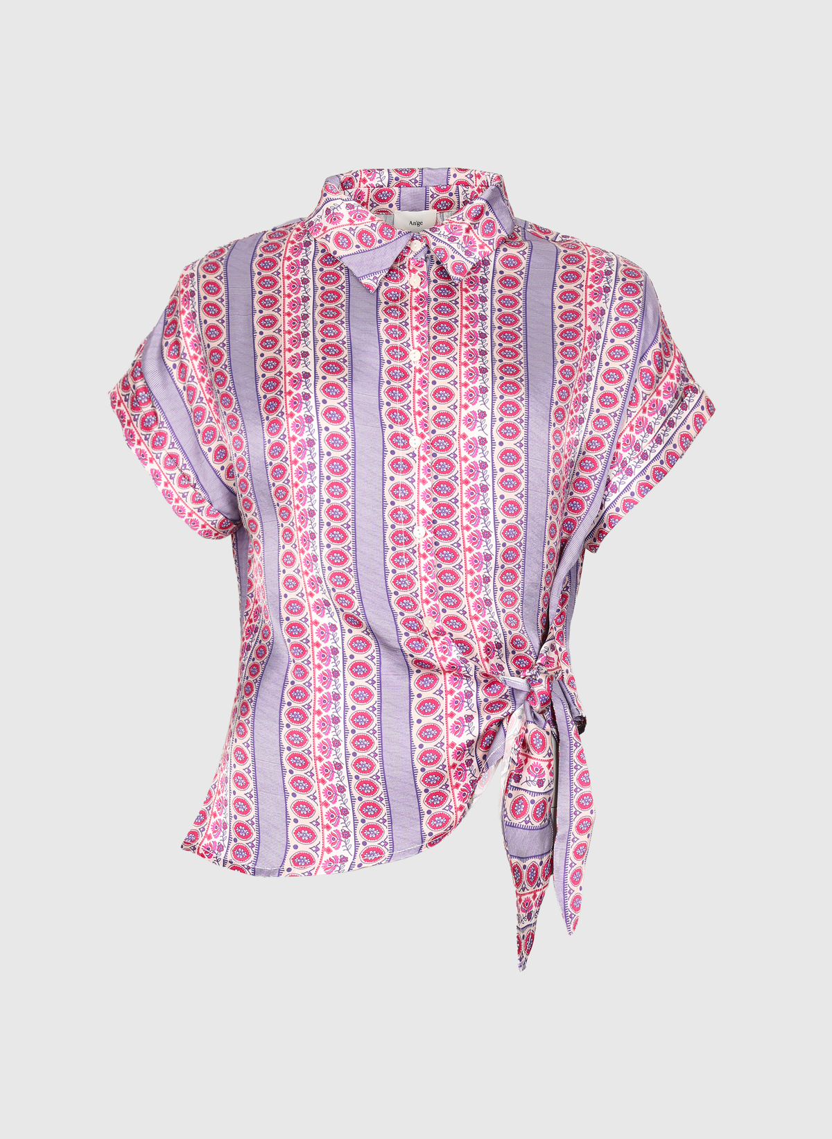 An'ge – Kaviny Diagola Ink Shirt, short-sleeved blouse with striped and floral pattern, tied at the side