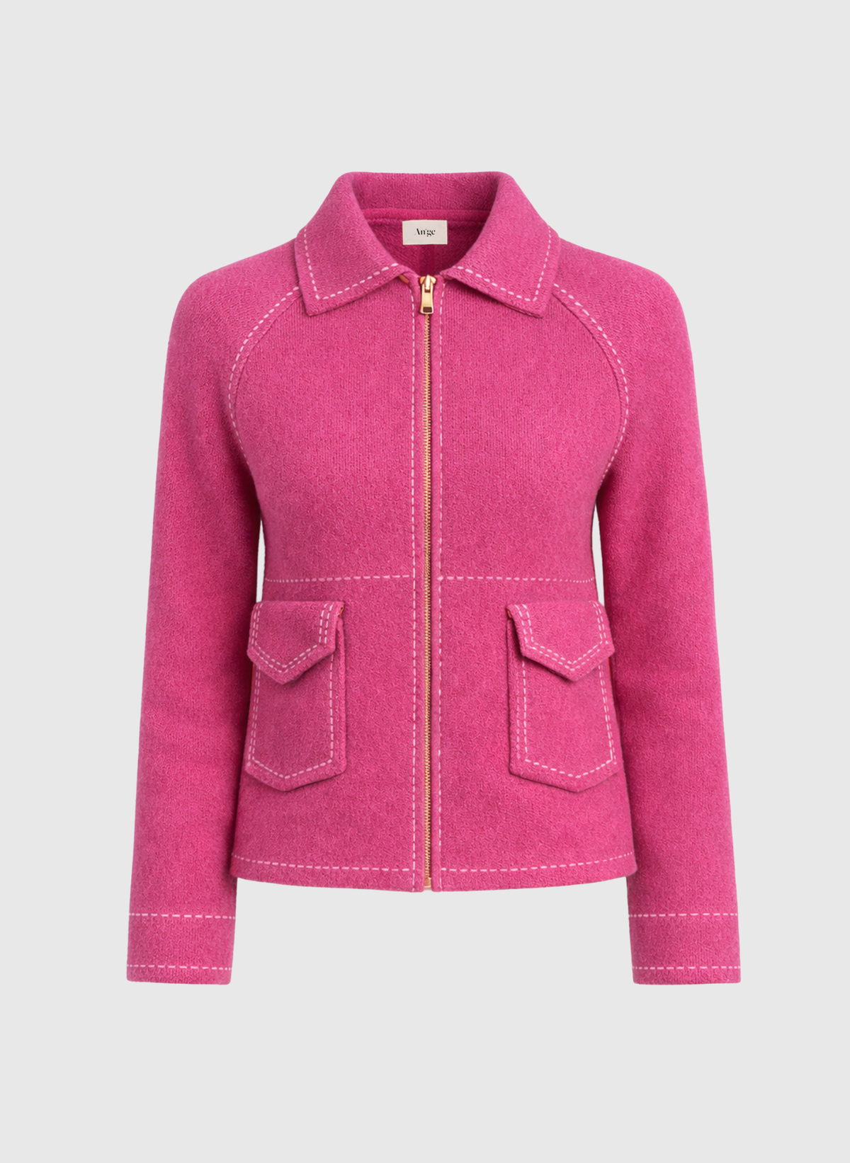 An'ge – Gilet Niba Fushia, veste rose fuchsia en laine avec fermeture éclair dorée et surpiqûres blanches
