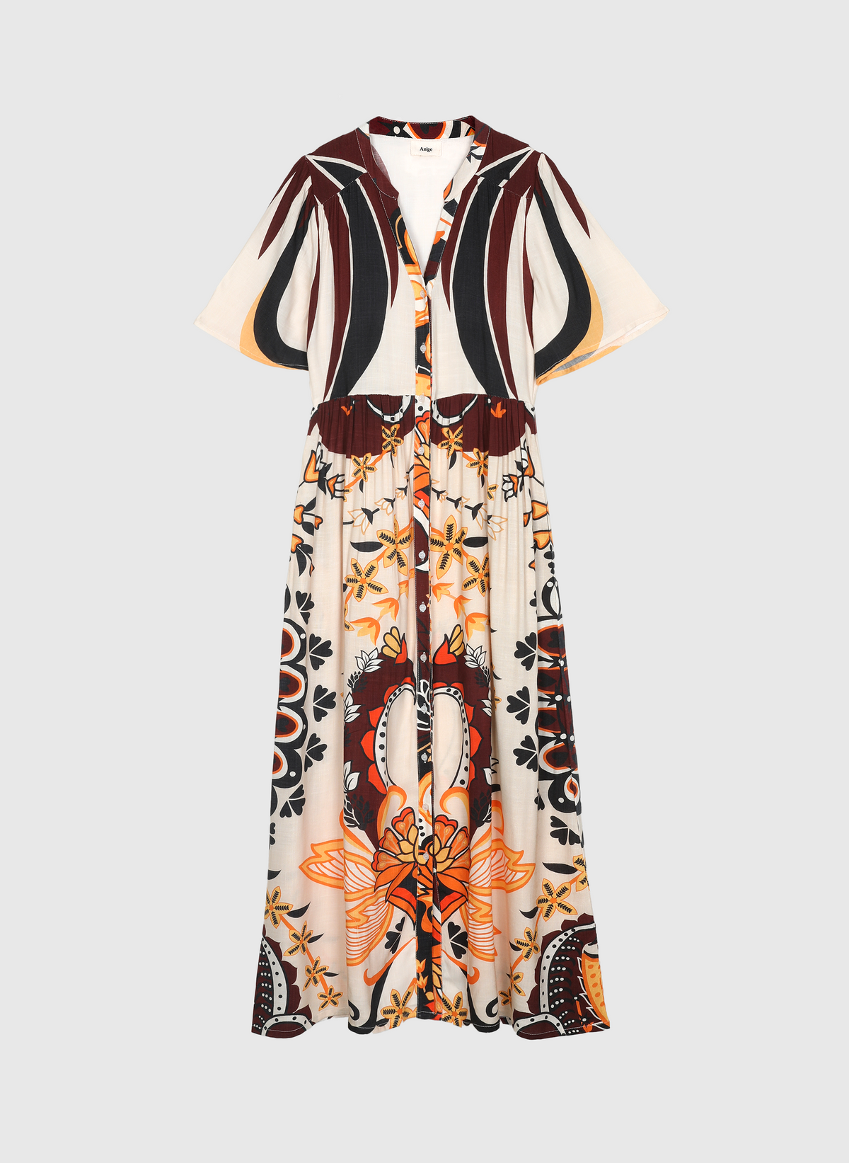 An'ge – Obemia Clever Ecru Maxi Dress, maxi dress with colourful pattern, short sleeves, front view