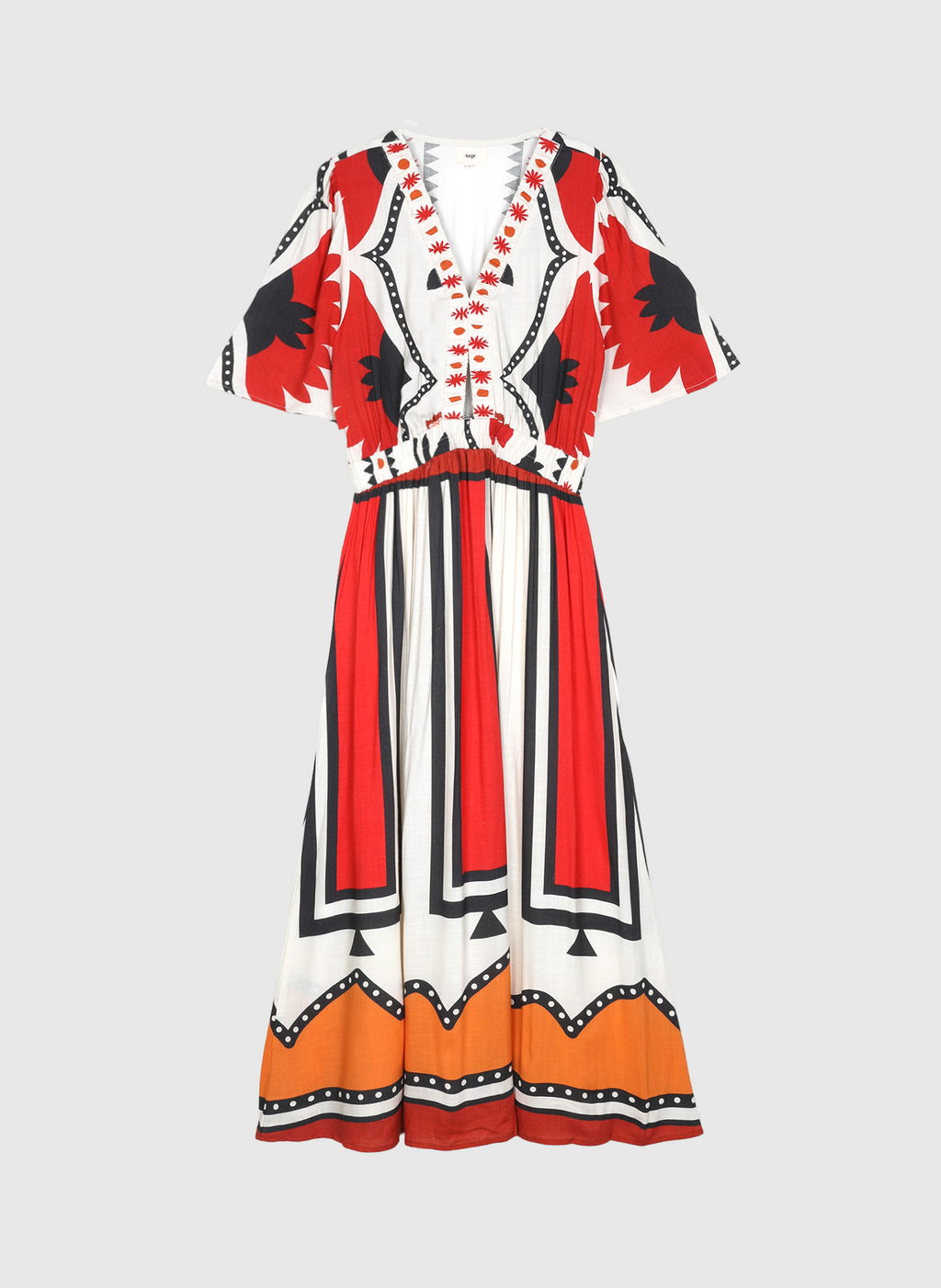 An'ge – Vestido Midi Odemaria Sage Crudo, vestido largo blanco, rojo y negro con estampado geométrico y floral