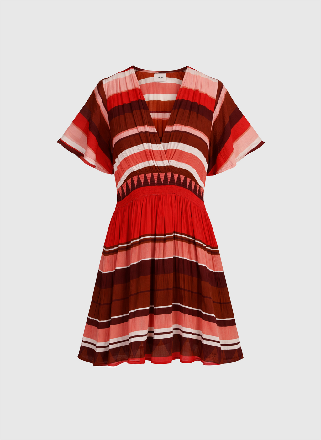 An'ge – Robe Courte Oflyma Sulana Bordeaux, kort kjole med flerfarvede striber, V-udskæring og korte ærmer
