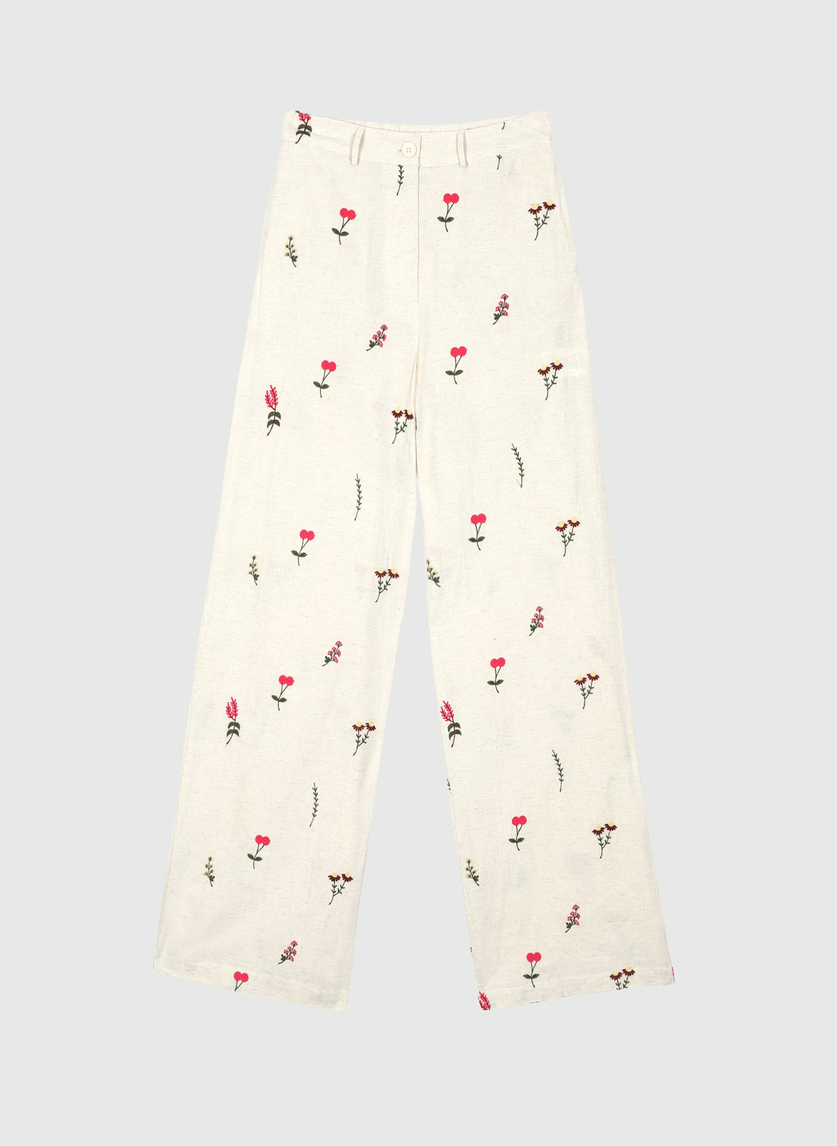An'ge – Raiponce Trousers Ecru, ecru wide-leg trousers with red and green floral print, front view