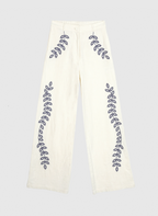 An'ge – Rossalie Trousers Ecru, off-white trousers with blue embroidery, front view