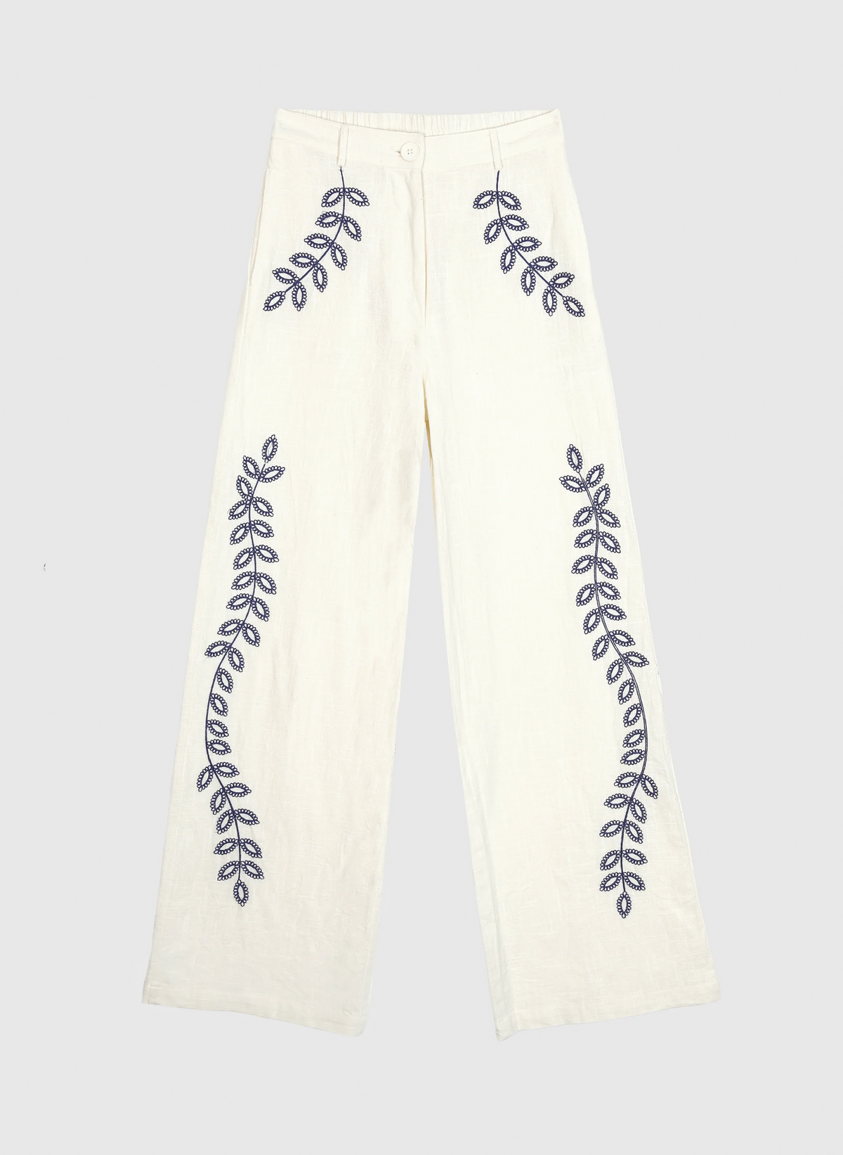 An'ge – Rossalie Trousers Ecru, off-white trousers with blue embroidery, front view