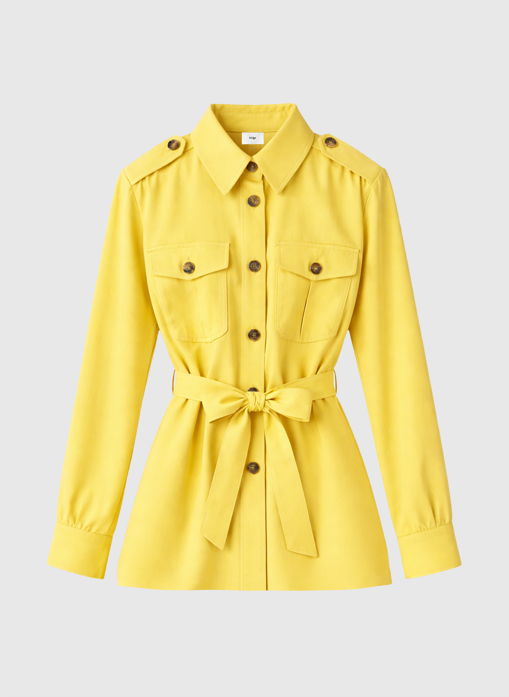 An'ge – Veste Zoana Paille, chemisier jaune à manches longues, avec ceinture nouée et boutons marron