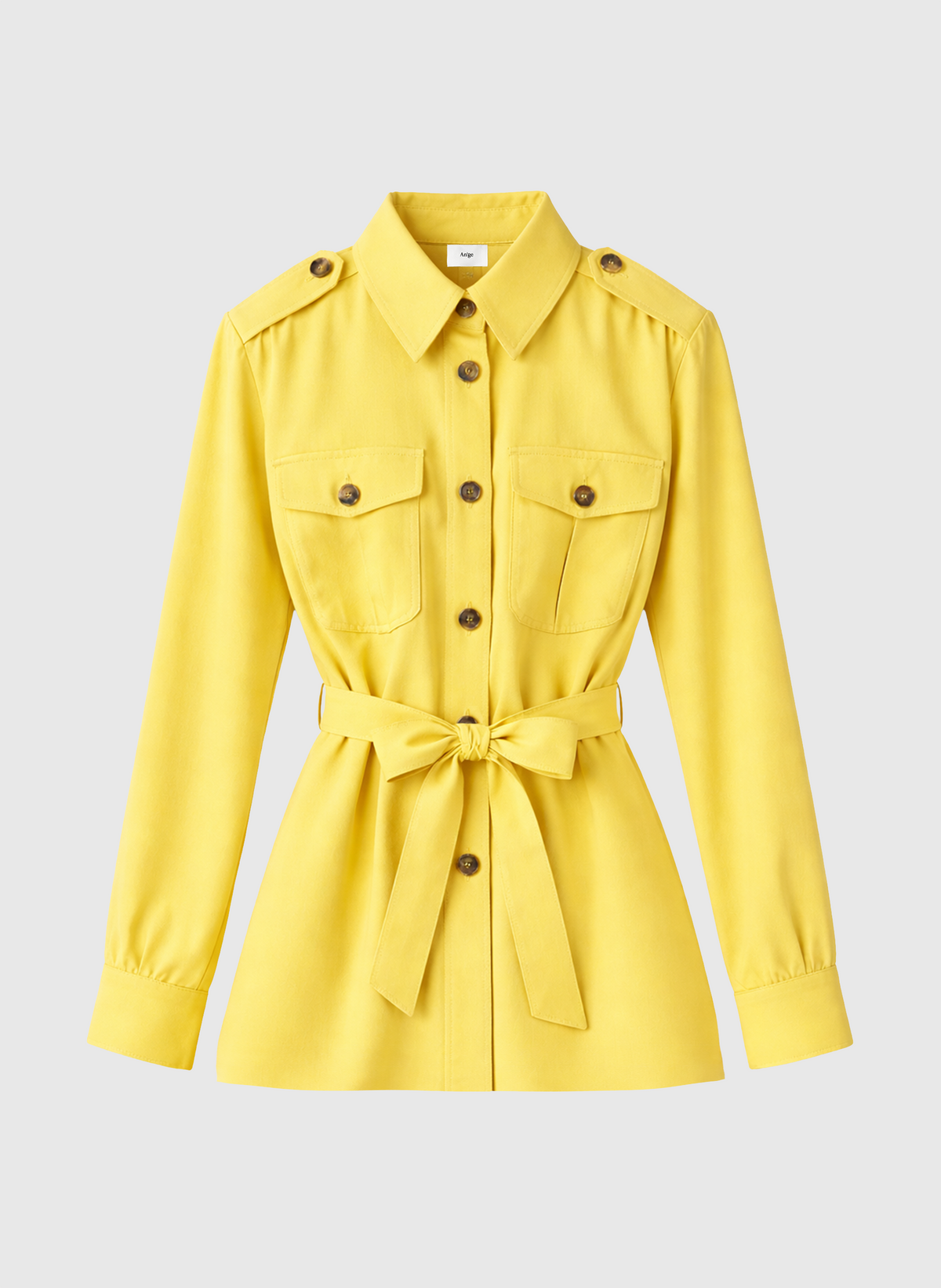 An'ge – Veste Zoana Paille, chemisier jaune à manches longues, avec ceinture nouée et boutons marron