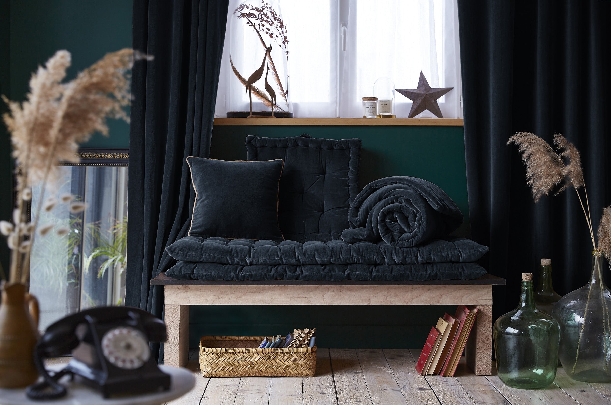 Adjustable Curtain + Rings - Cotton Velvet - Caesar - Midnight