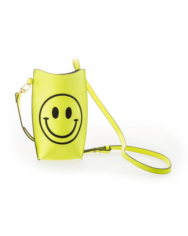 Michonet – Borsa Mini Fluor, borsa a tracolla giallo fluo con smiley nero, vista frontale