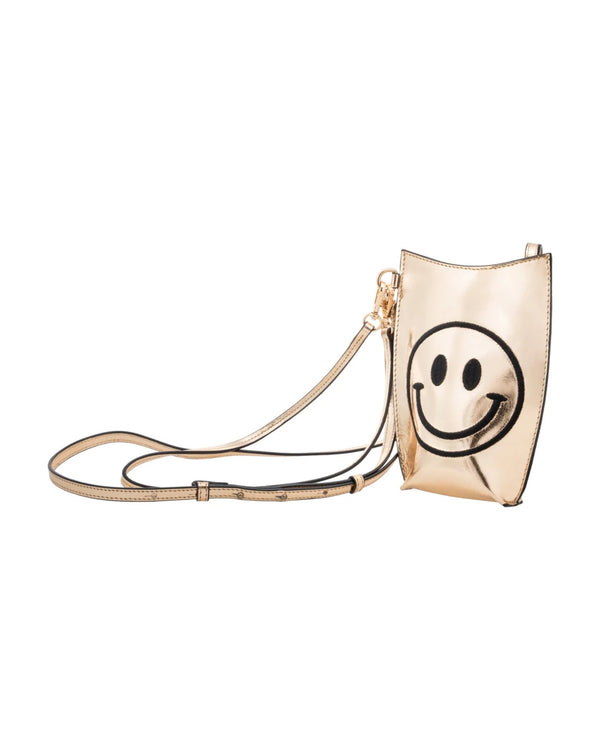 Michonet – Borsa Mini Gold, borsa a tracolla dorata con smiley nero, vista frontale