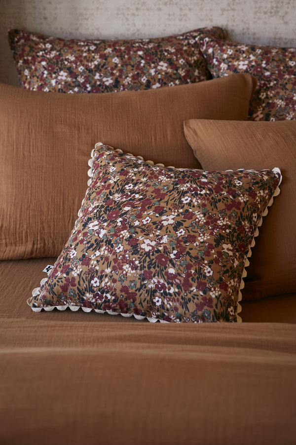 Removable Cover Printed Cotton Gauze Cushion - Capucine - Camel