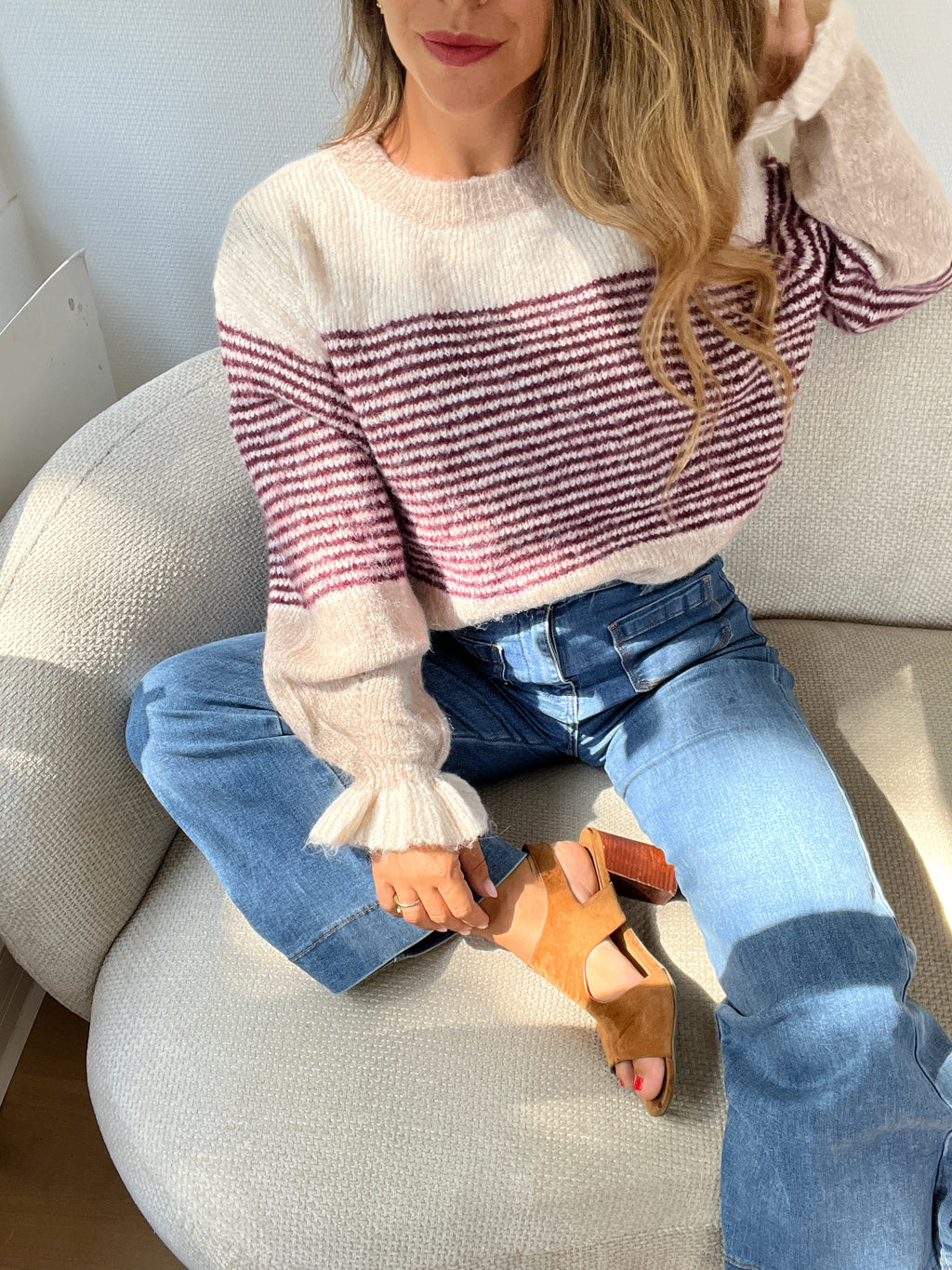 Pull Soline Taupe Rayé Bordeaux