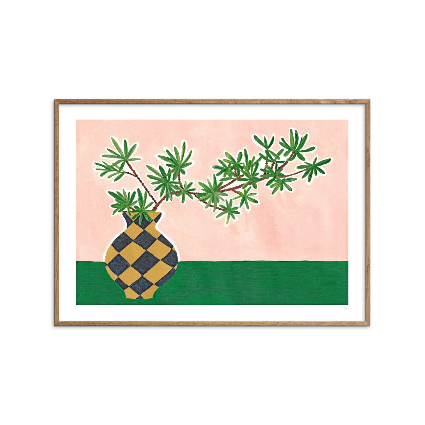 Violets Print House - Planta rosa y verde en jarrón a cuadros