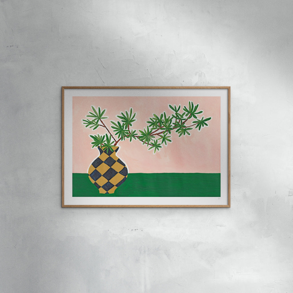 Violets Print House - Planta rosa y verde en jarrón a cuadros