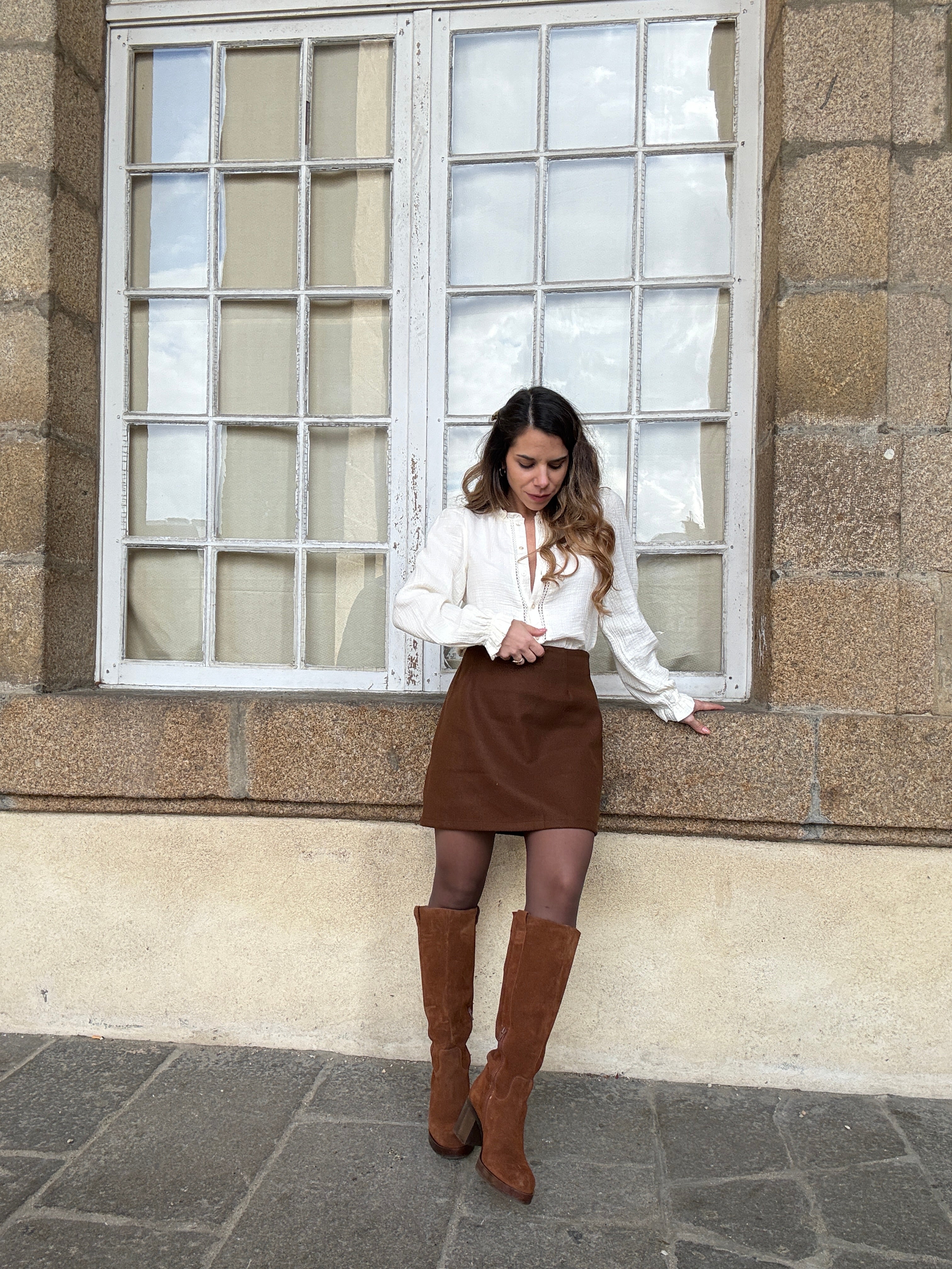 Falda Lou Efecto Lana Chocolate