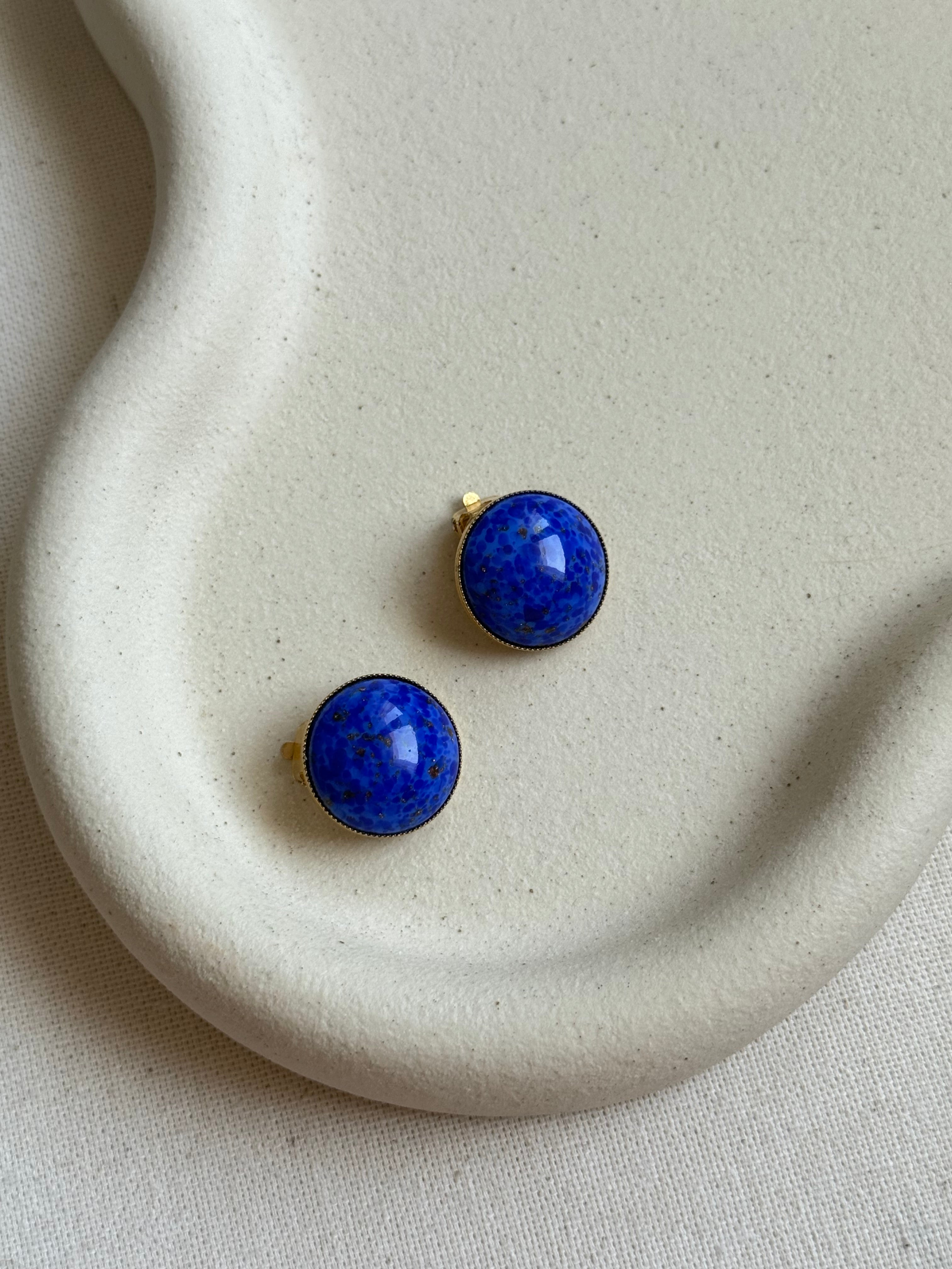 Boucles D’Oreilles Vintage - Cabochons Bleu Pâte De Verre