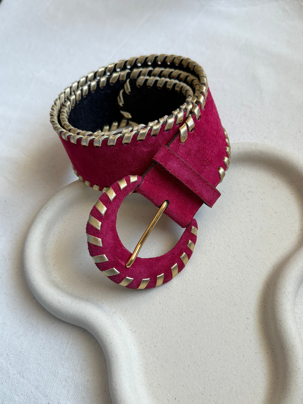Yves Saint Laurent - Vintage Belt - Raspberry Suede And Gold Leather