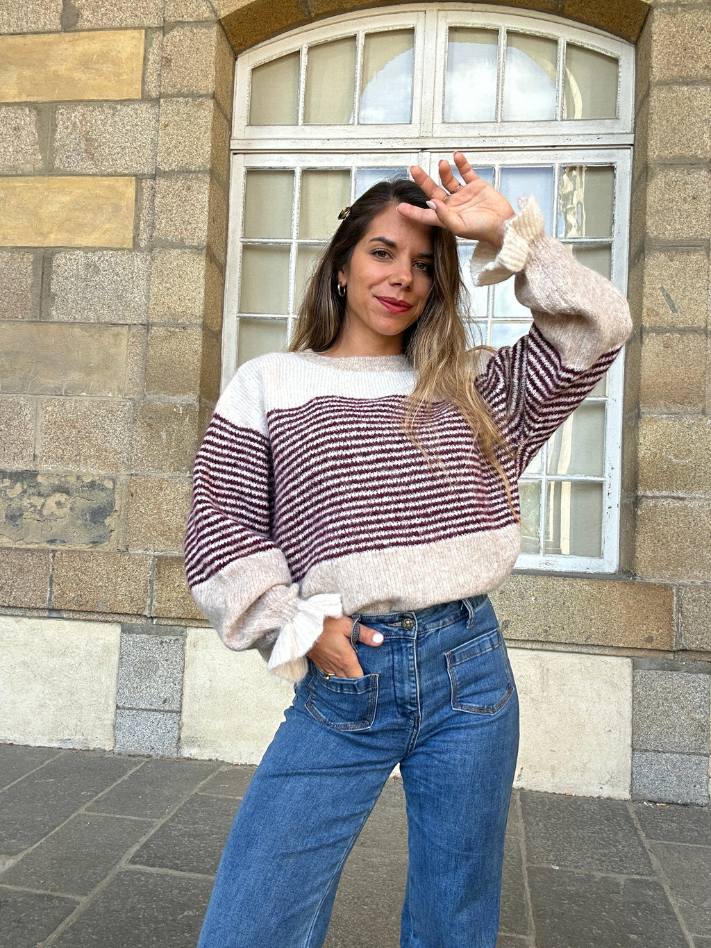 Pull Soline Taupe Rayé Bordeaux