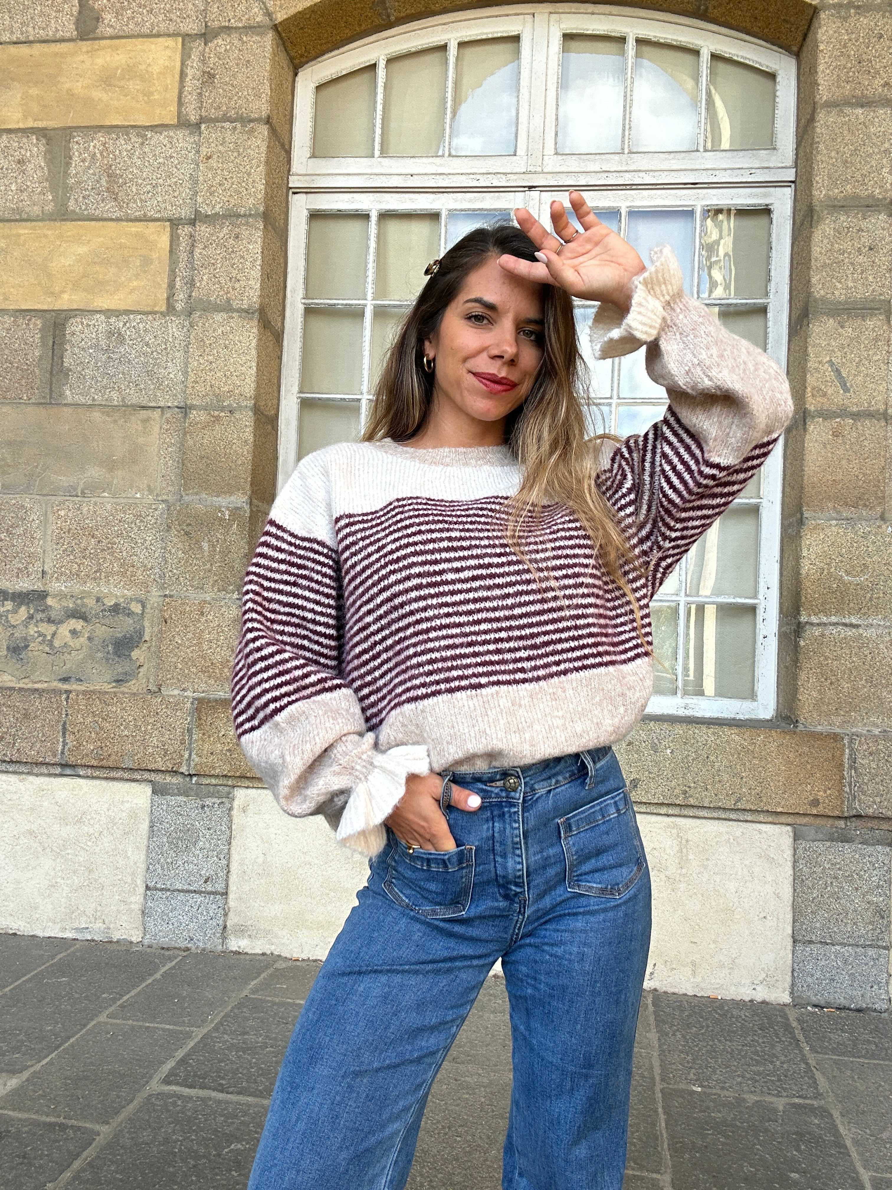 Pull Soline Taupe Rayé Bordeaux