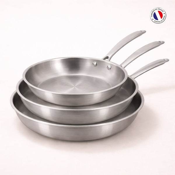 Triply - Zestaw 3 patelni - Trójwarstwowa stal nierdzewna - 20/24/28 cm 🇫🇷