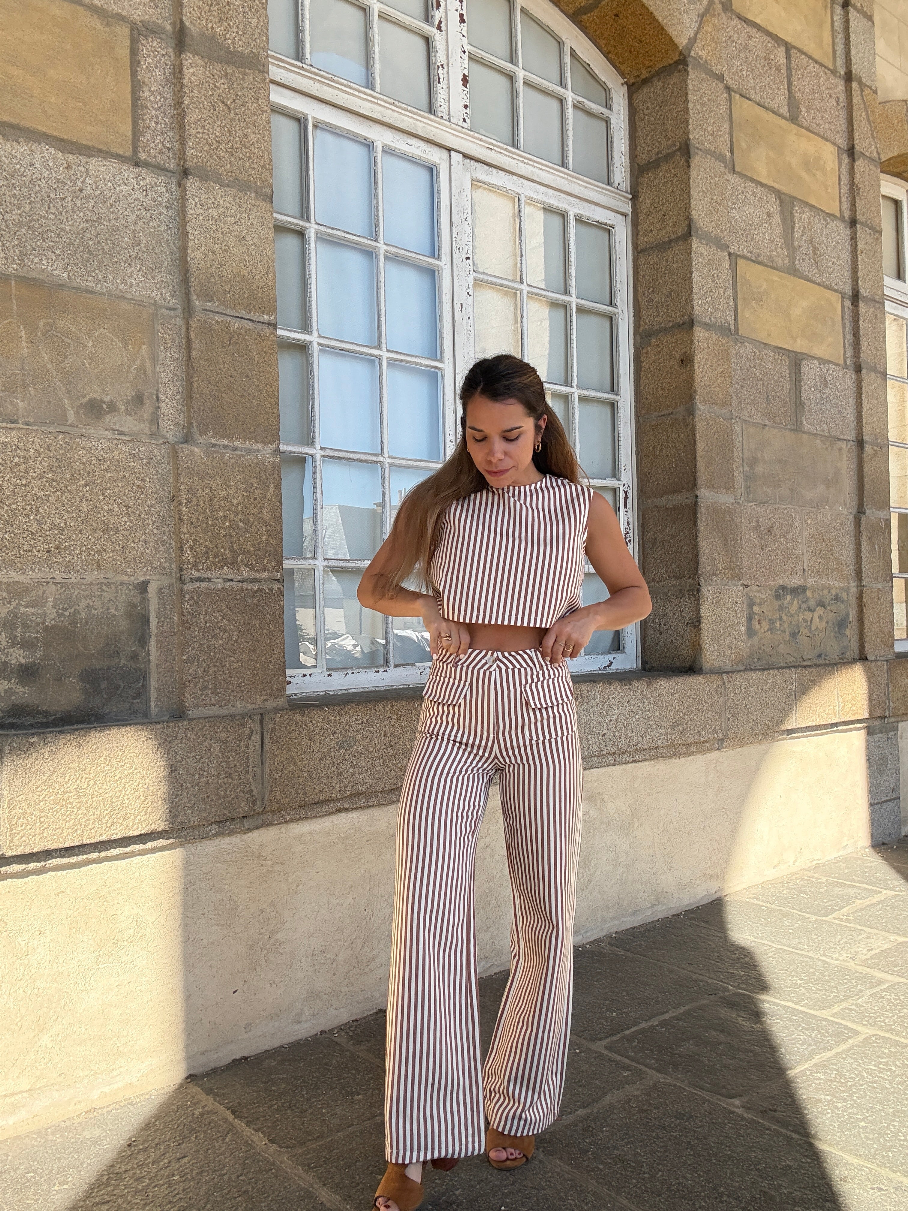 Pantalon Rayé Marin Camel
