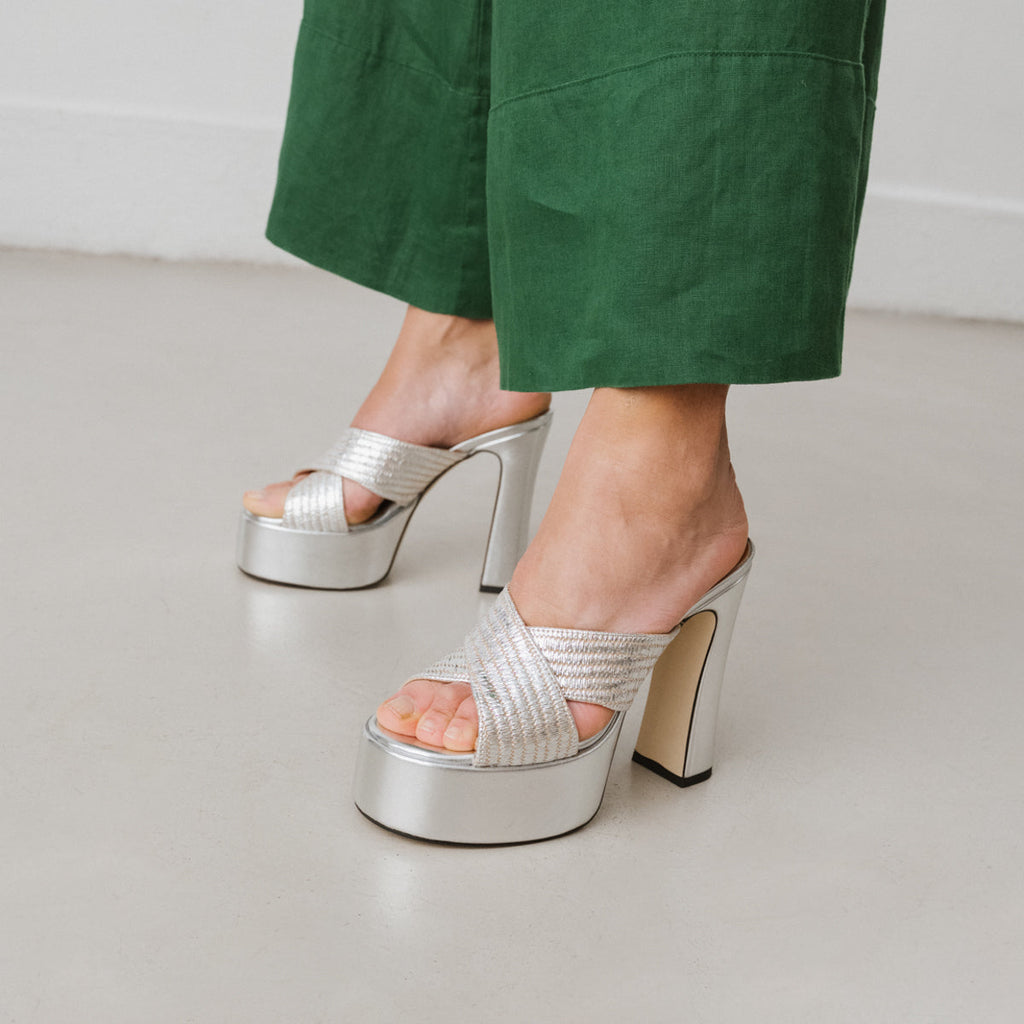 Jonak - Jackie Raffia/Metallic Mules - Silver