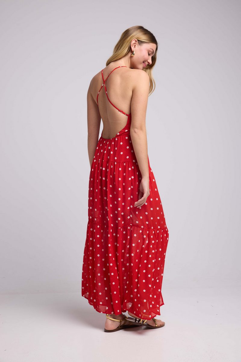 Long Strappy Dress - Red Polka Dots