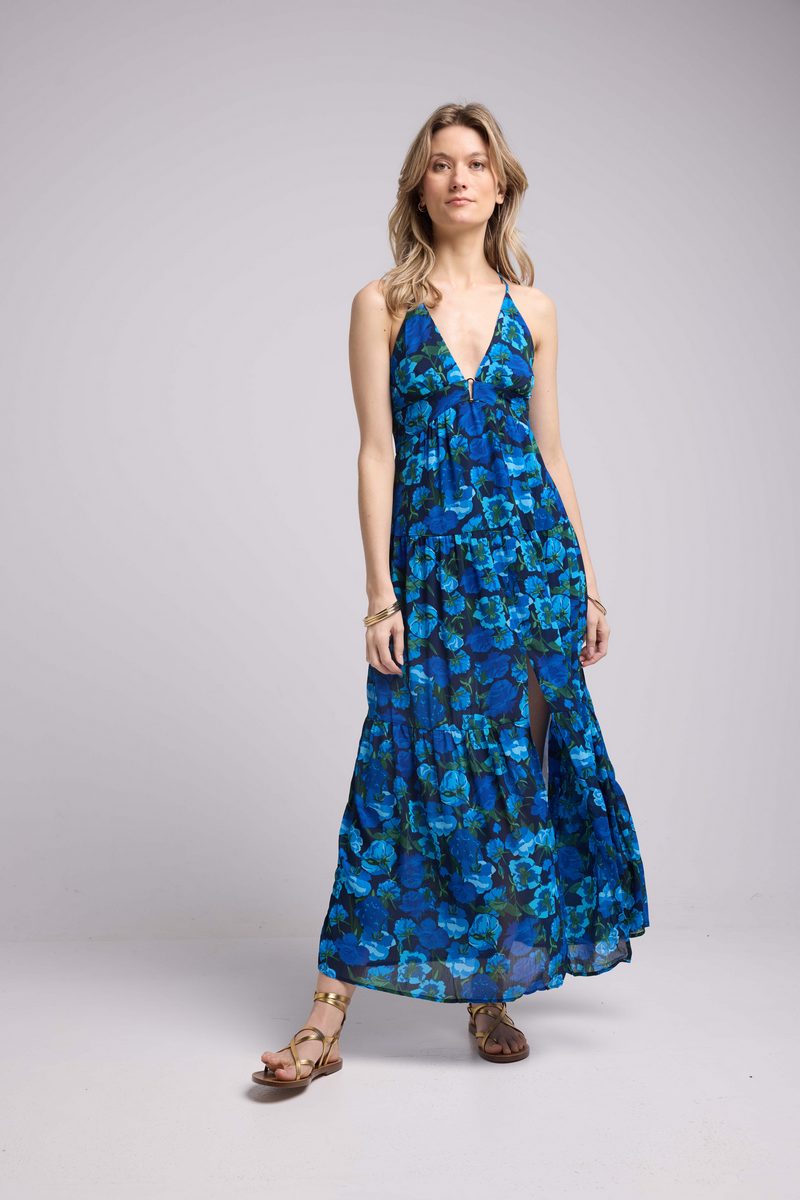 Long Strappy Dress - Blue Floral