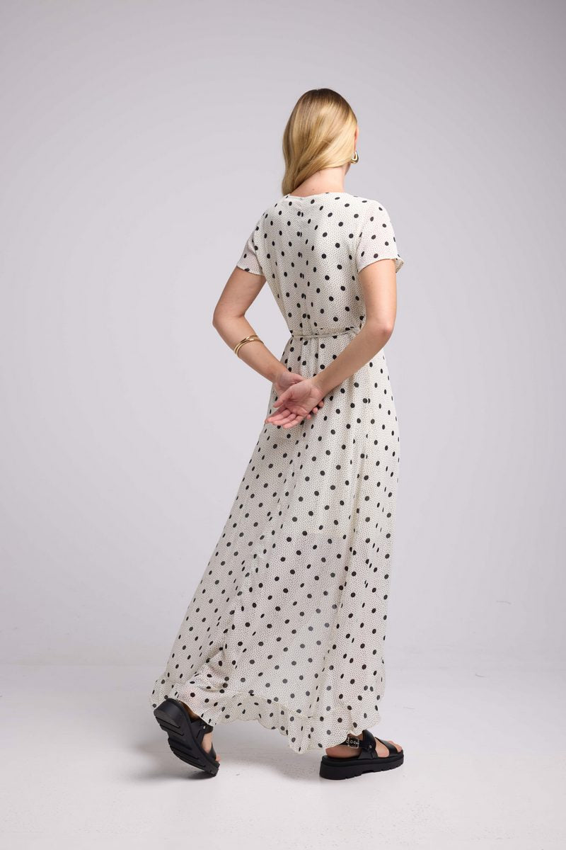 Long Short-Sleeved Dress - White Polka Dot