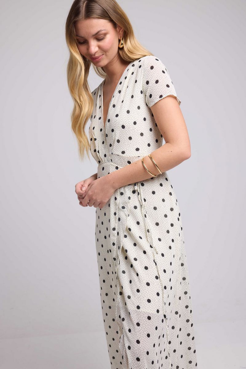 Long Short-Sleeved Dress - White Polka Dot