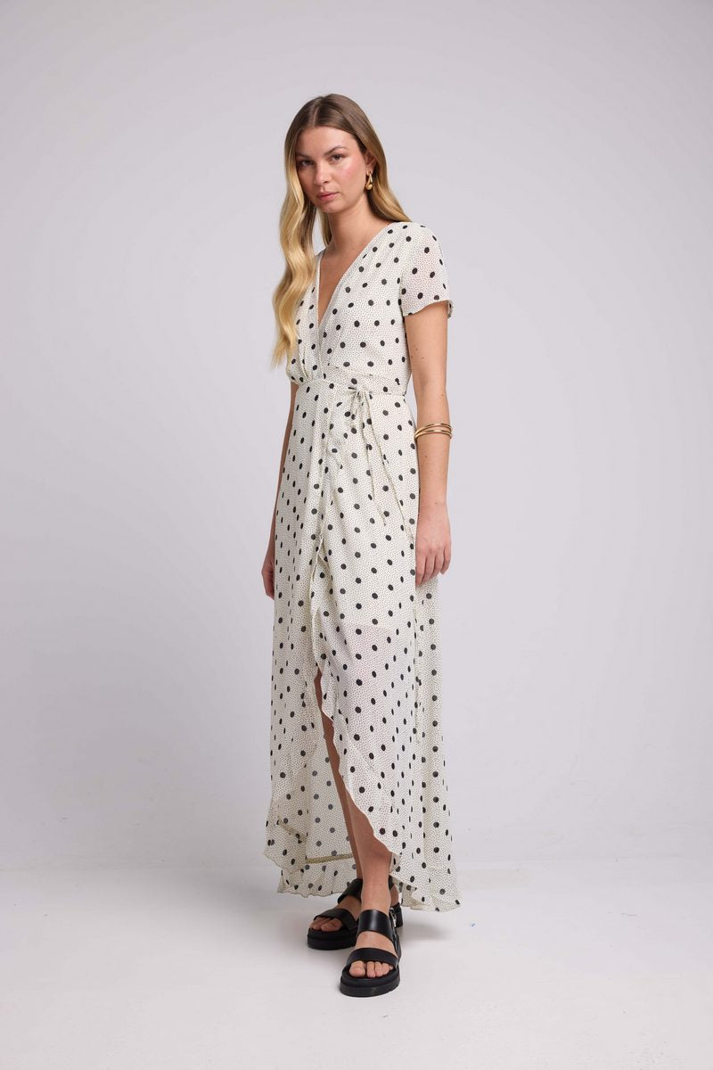 Long Short-Sleeved Dress - White Polka Dot