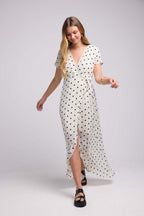 Long Short-Sleeved Dress - White Polka Dot