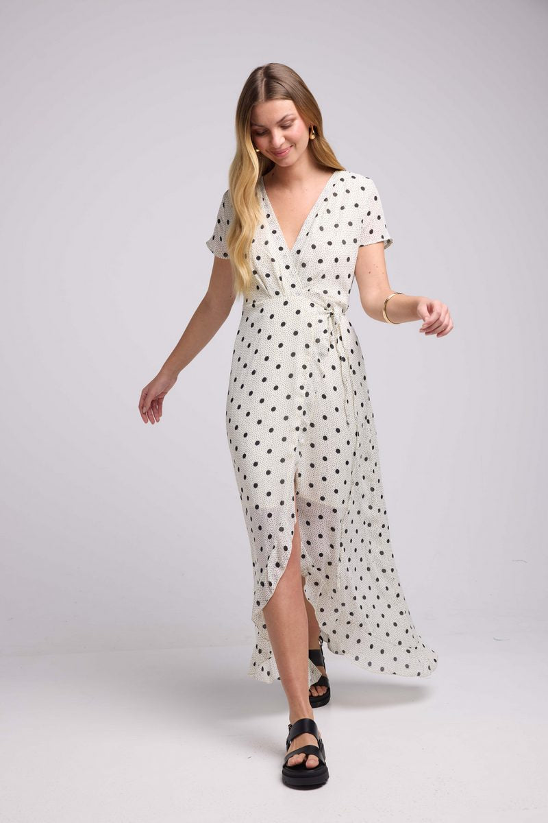 Long Short-Sleeved Dress - White Polka Dot