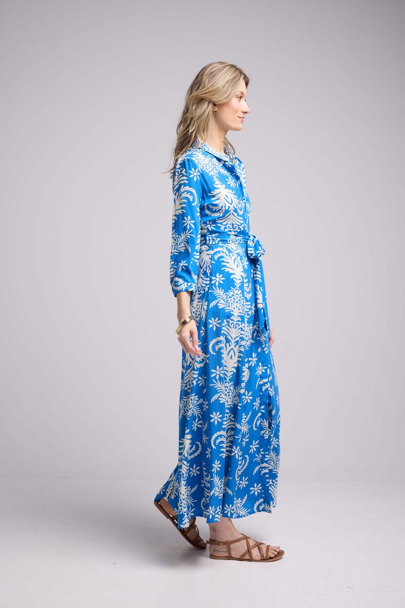 Vestido largo de manga larga - Azul Real Blanco