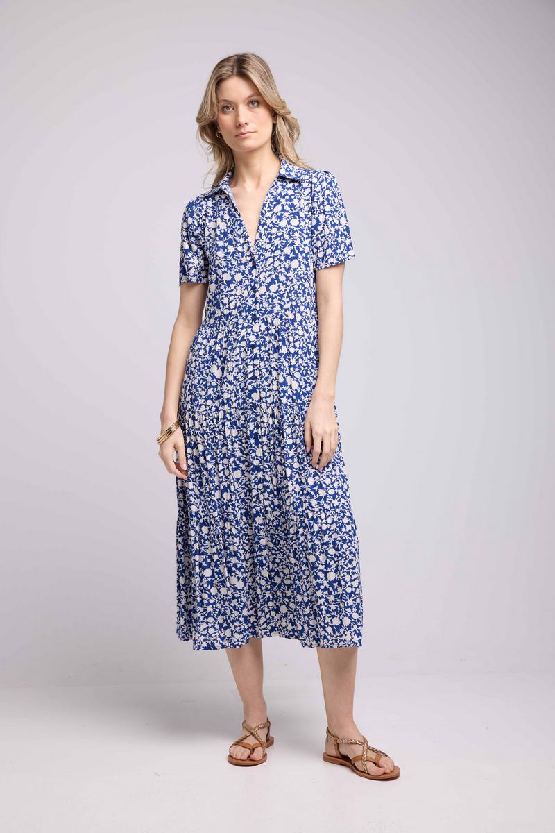 Robe Longue Manches Courtes - Fleurs Bleu