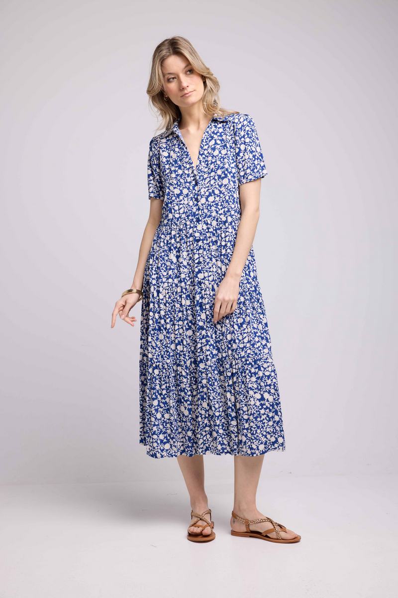 Robe Longue Manches Courtes - Fleurs Bleu
