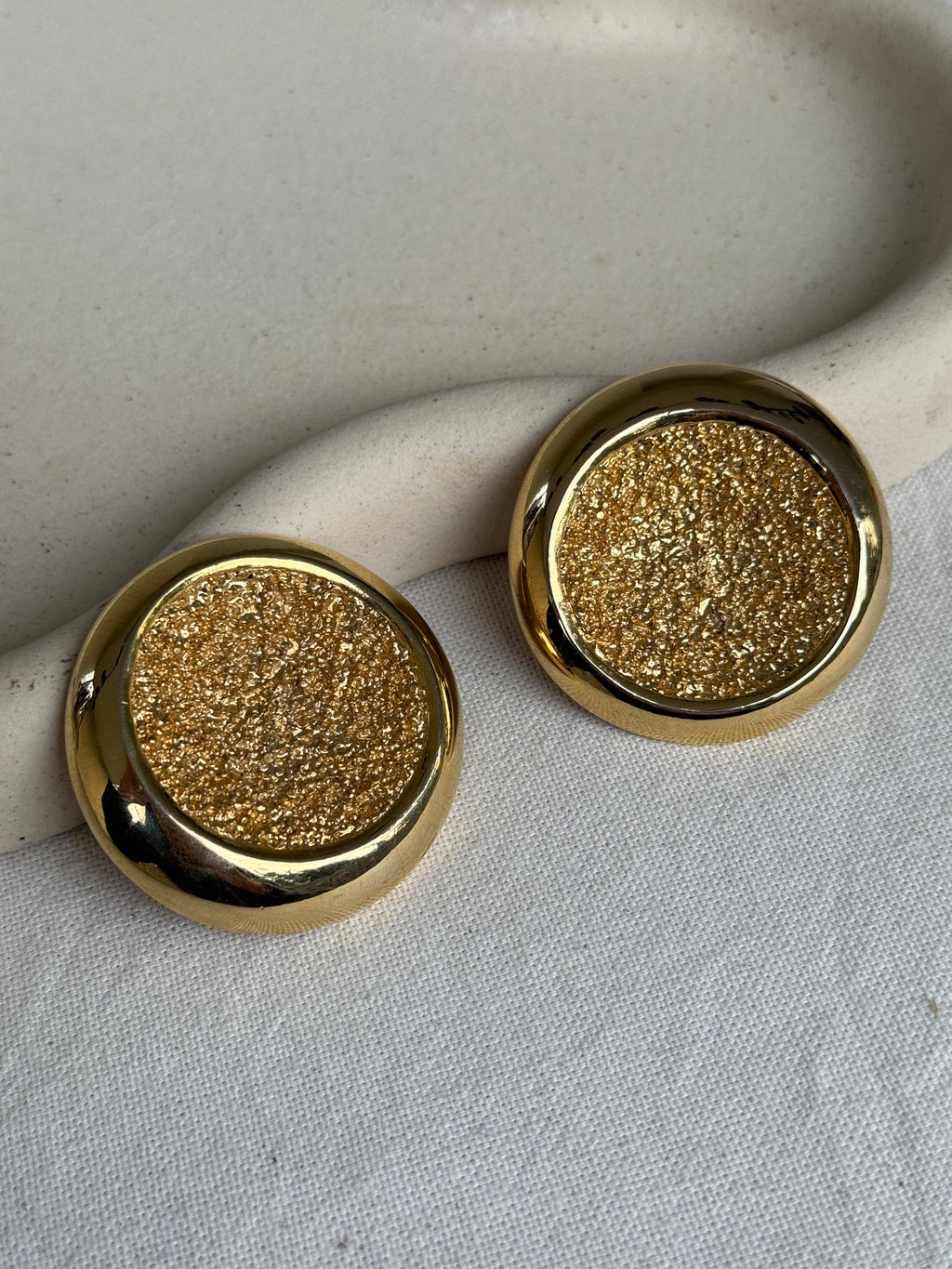 Vintage Earrings - Round Textured Gold-Tone XXL