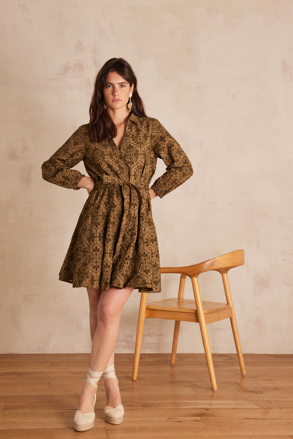 Flowing Embroidered Lise Dress - Khaki