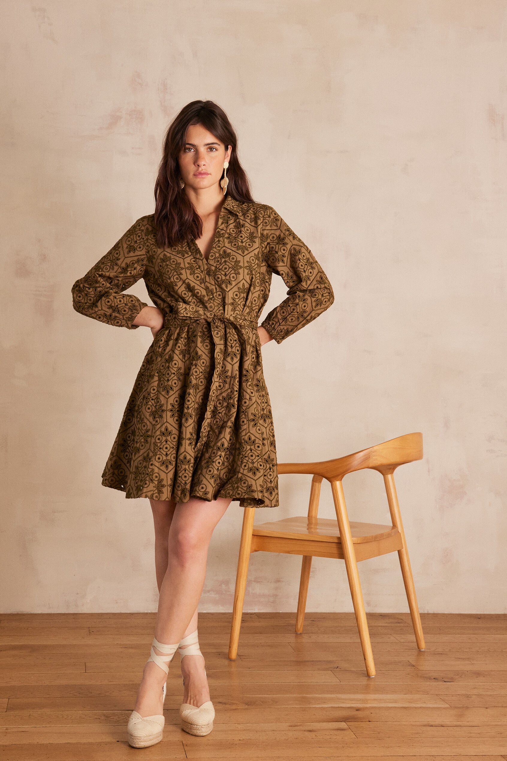 Flowing Embroidered Lise Dress - Khaki