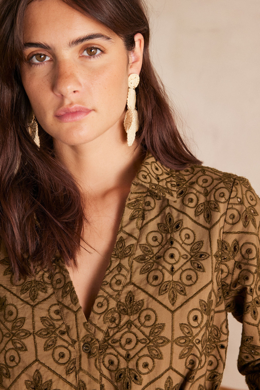 Flowing Embroidered Lise Dress - Khaki