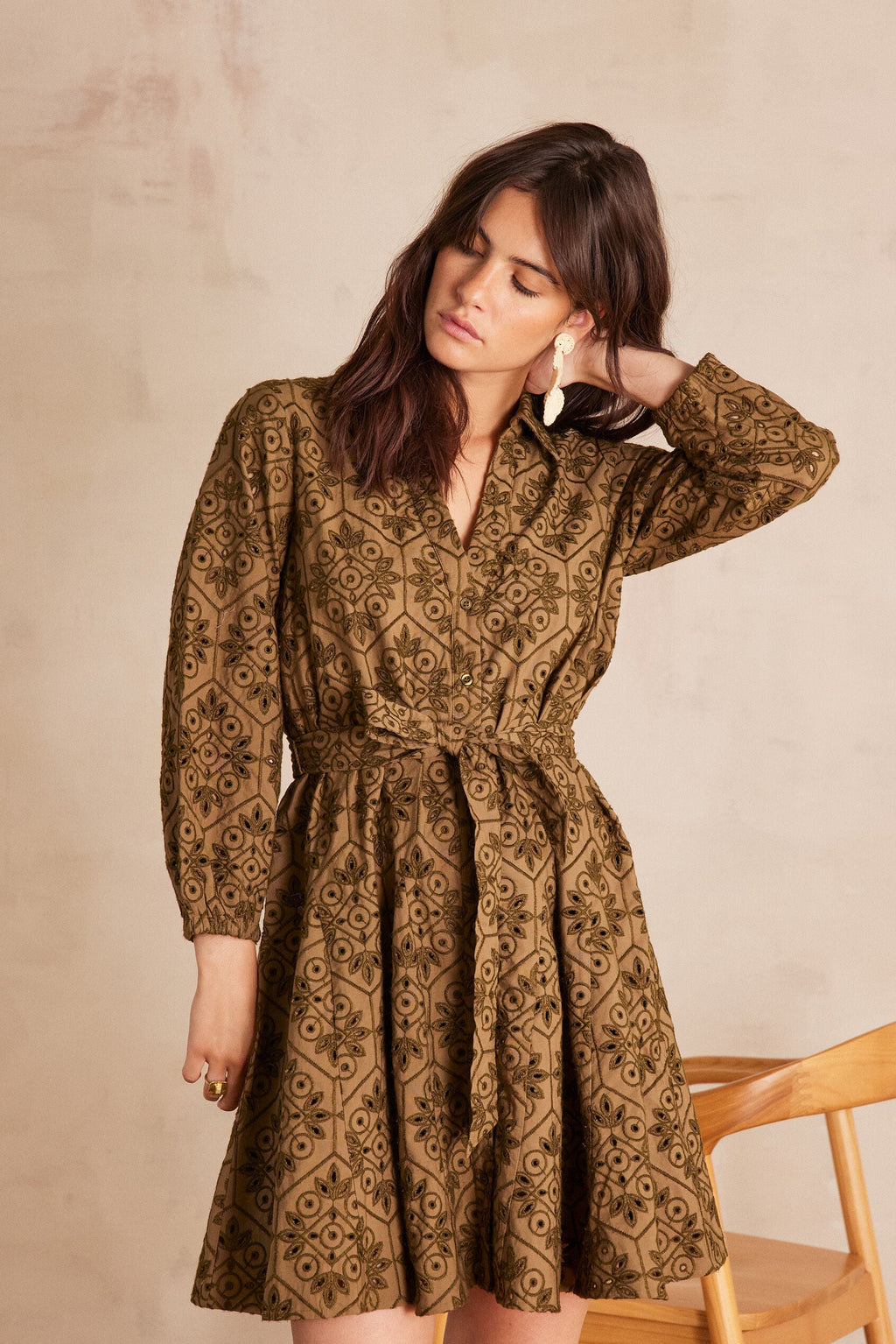 Flowing Embroidered Lise Dress - Khaki
