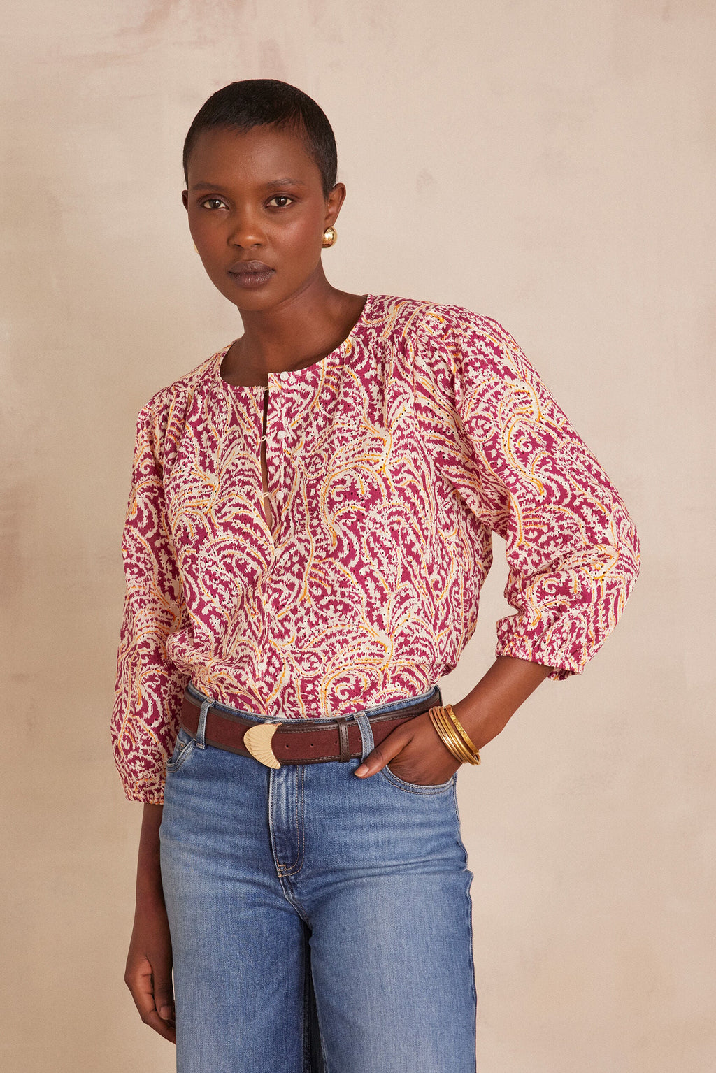 Blouse Sarah Broderie Imprimé - Fuchsia Foncé