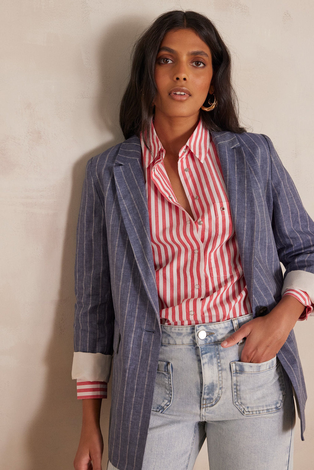 Nélia Striped Linen Jacket - Light Washed