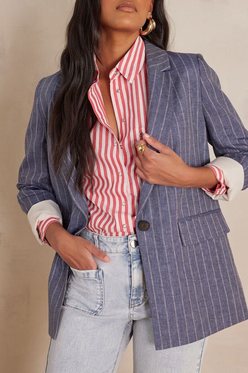 Nélia Striped Linen Jacket - Light Washed