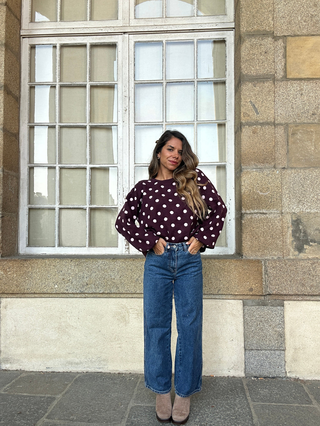 Pull à pois en laine Zélie bordeaux