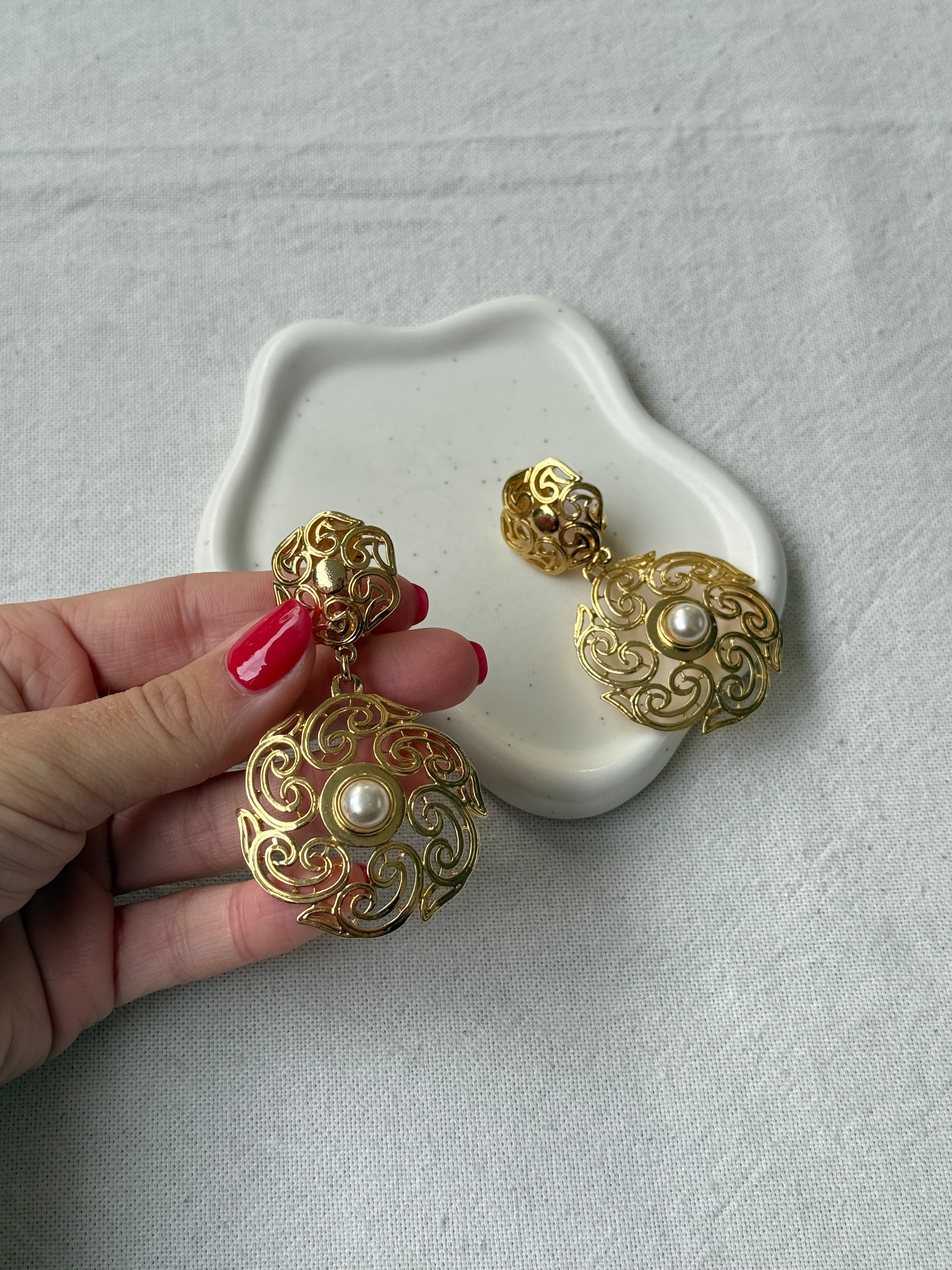 Vintage Earrings - Arabesque And Pearl Pendants