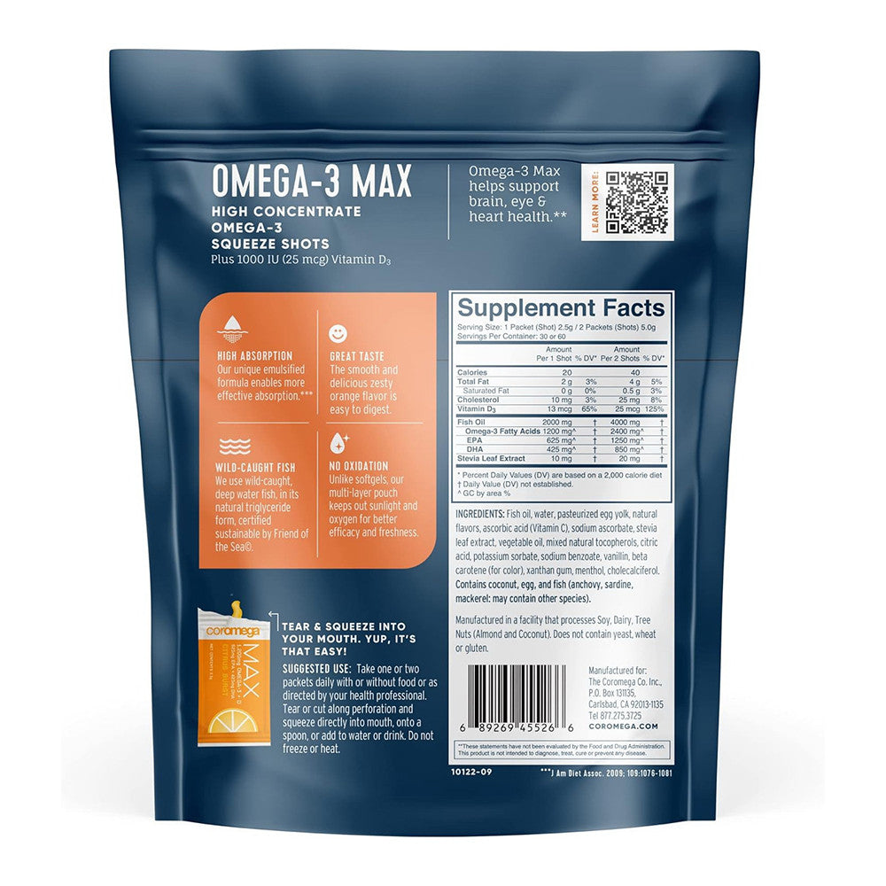 Coromega Max Strength High Concentrate Omega-3 Supplement, Citrus Burst, 30 Ea