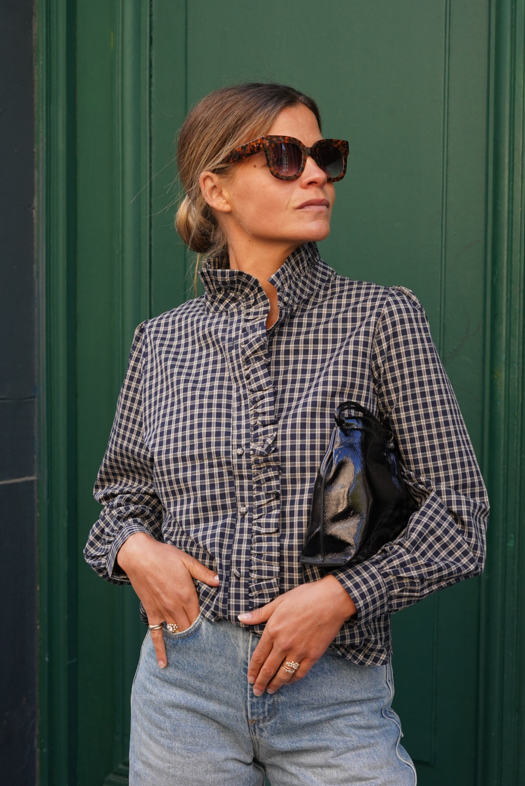 Philippine Navy/Ecru Checked Blouse
