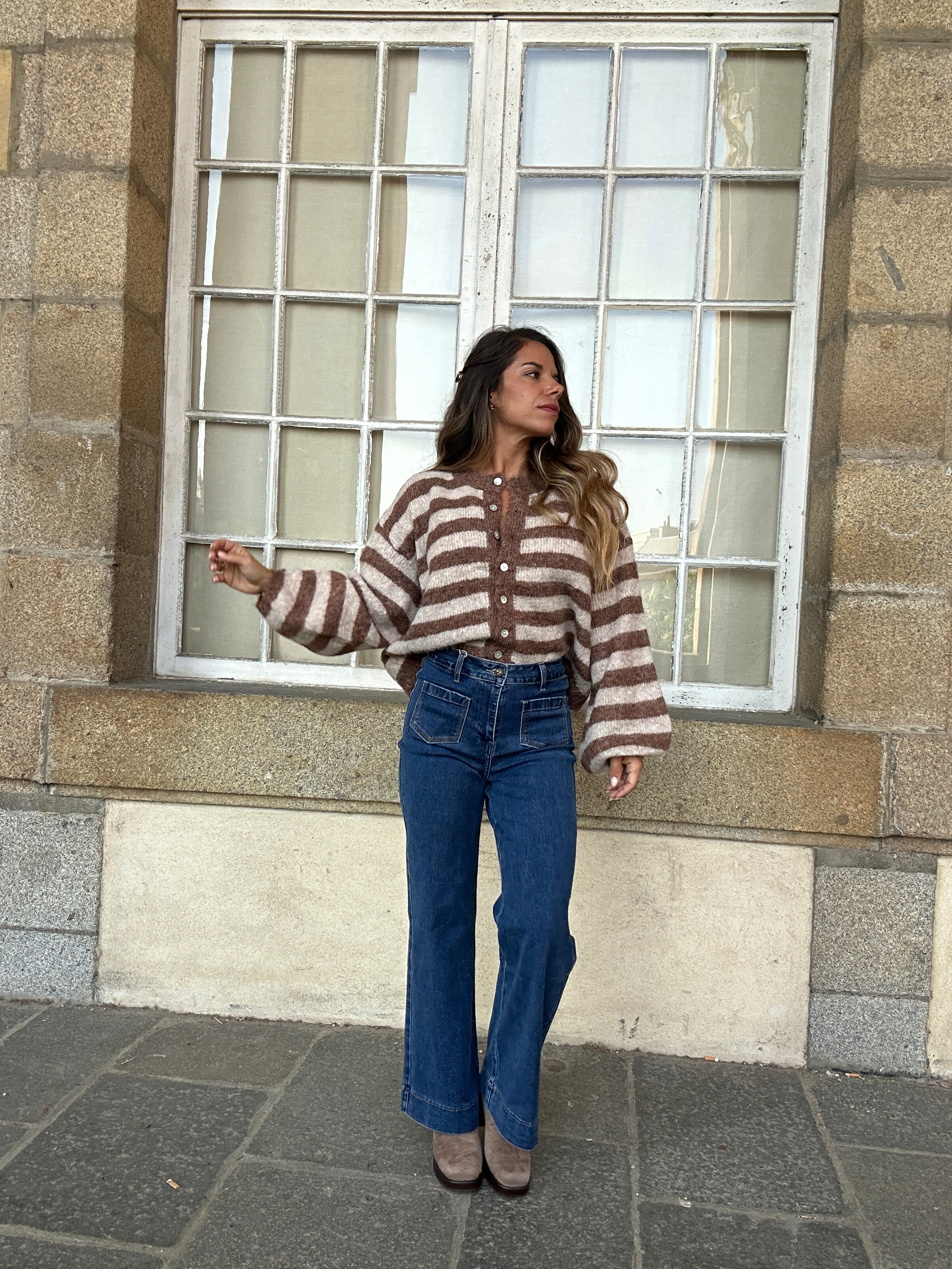 Cardigan Véra Rayé Camel Et Beige